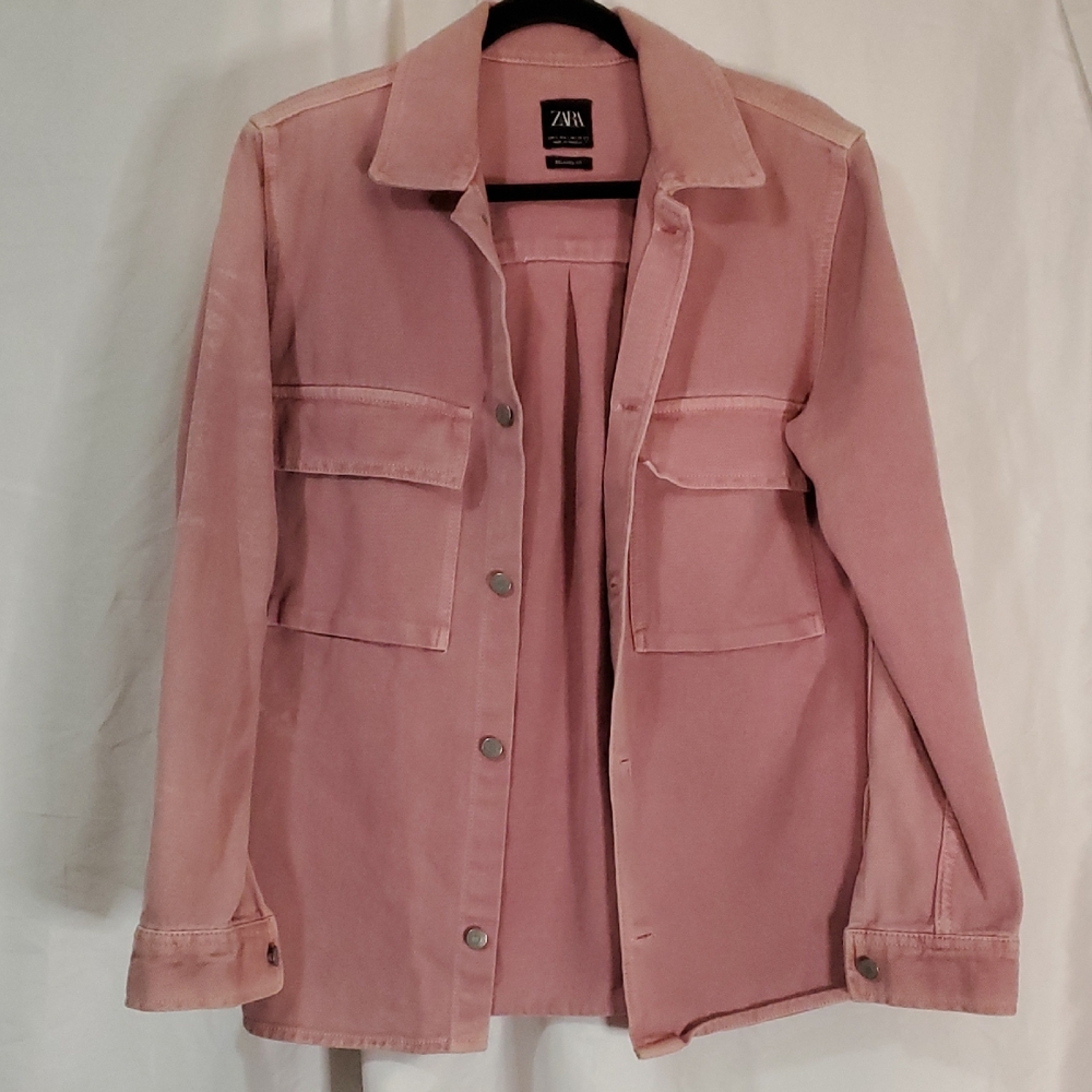 Zara Pink Denim Jacket Women's Shacket Button Front Oversized Jean Jacket Small